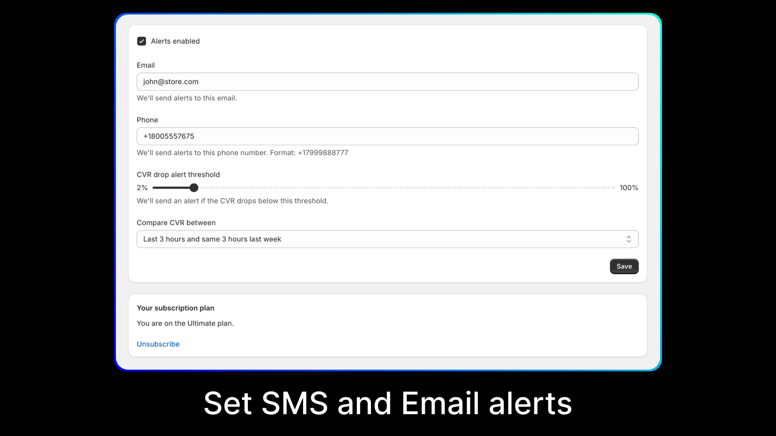 Configurações de notificações por Email, SMS e Slack