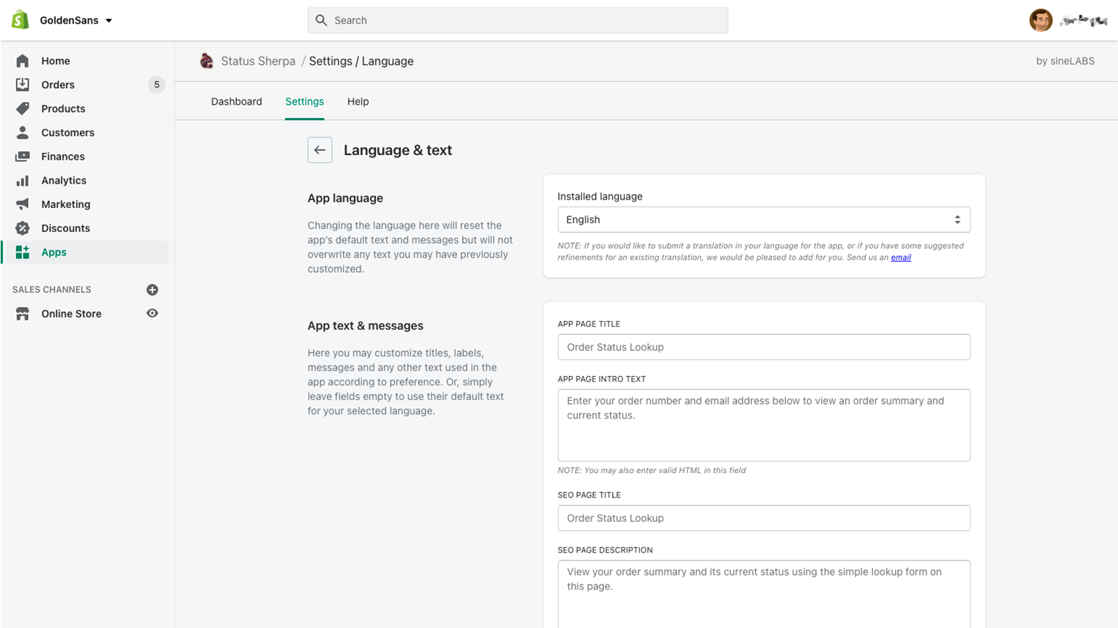 Configurações de idioma e texto do administrador