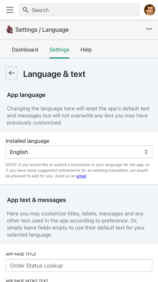 Admin language & text settings (mobile)