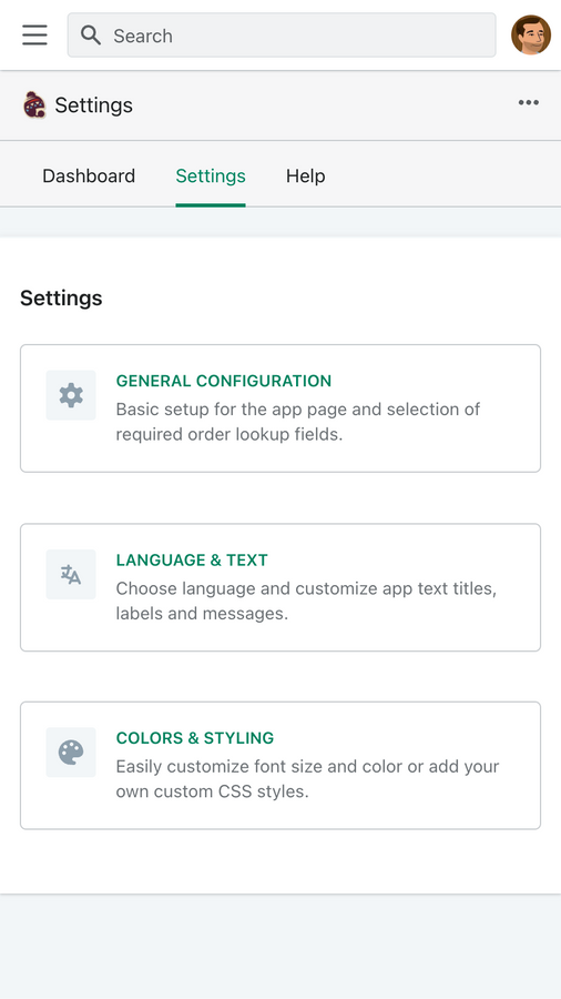 Menú de configuraciones de administración (móvil)