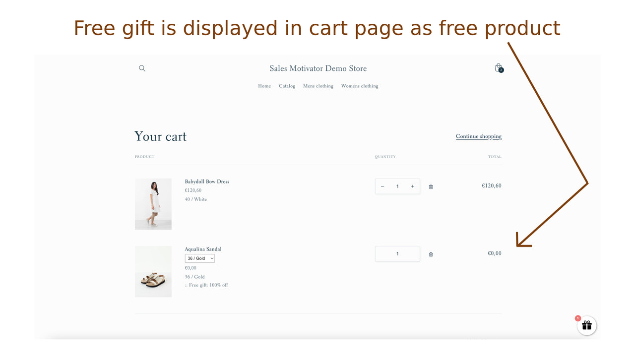 Free gifts are displayed in cart page as free products