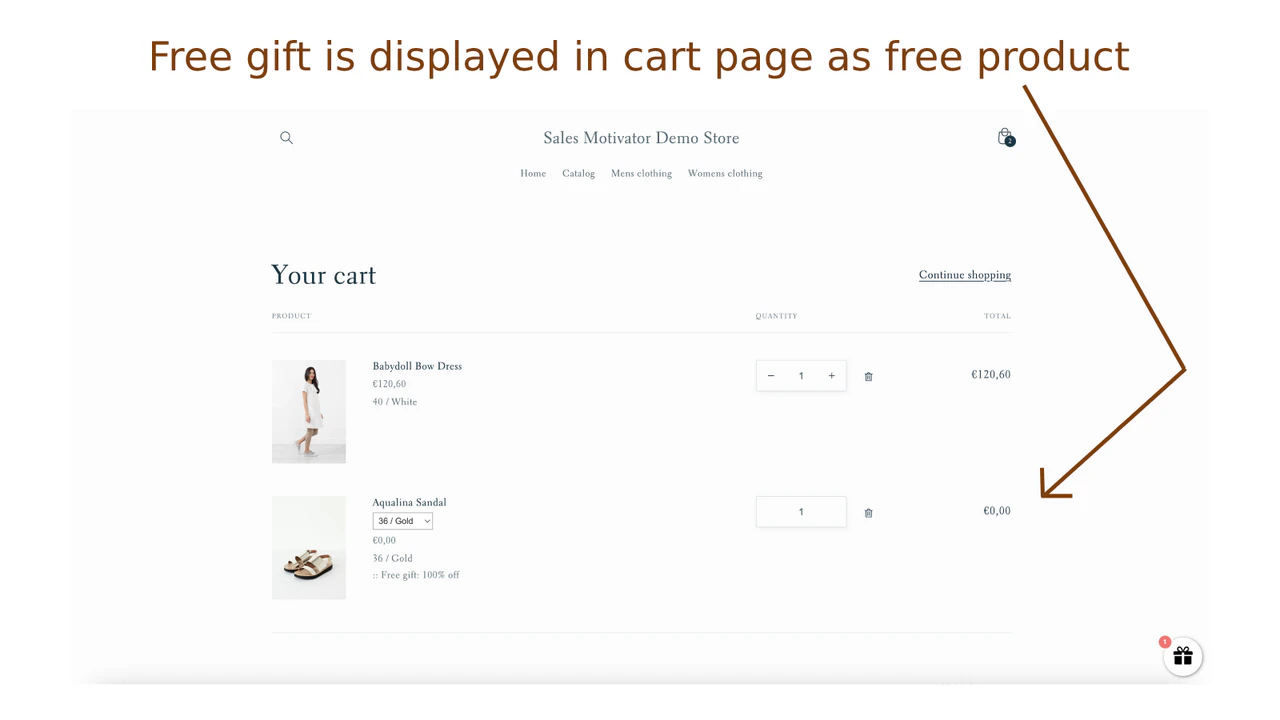 Gratis geschenken worden weergegeven op de winkelwagenpagina als gratis producten