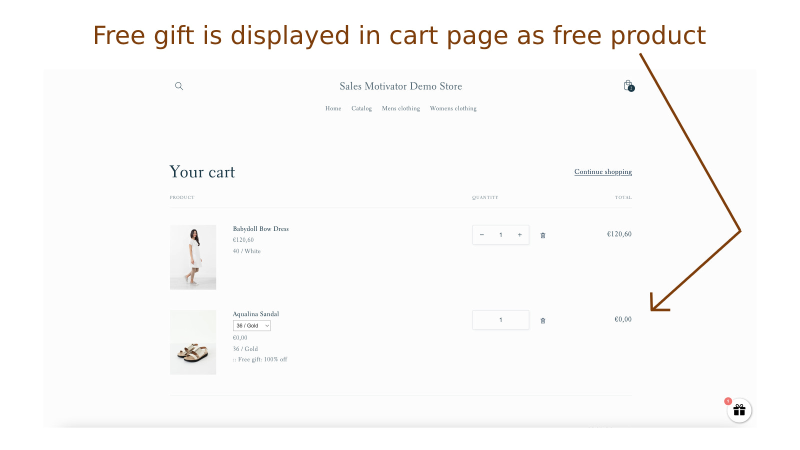 Free gifts are displayed in cart page as free products