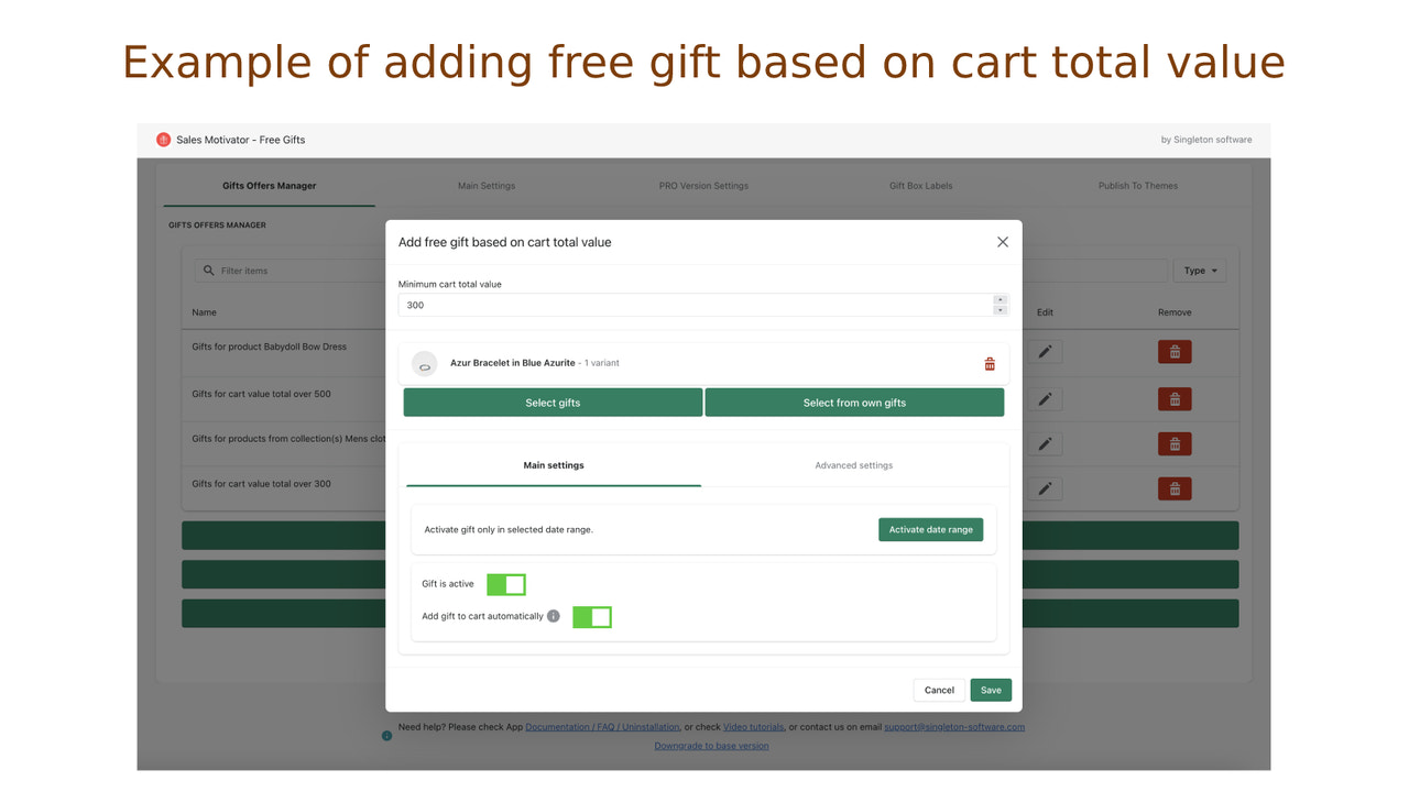 Example of adding free gift based on cart total value