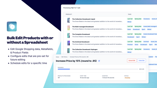 Shopify bulk editor for products in-app or with a spreadsheet