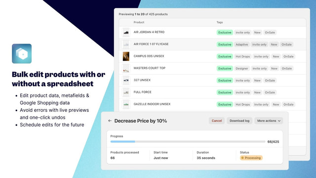 Shopify bulk editor for products in-app or with a spreadsheet