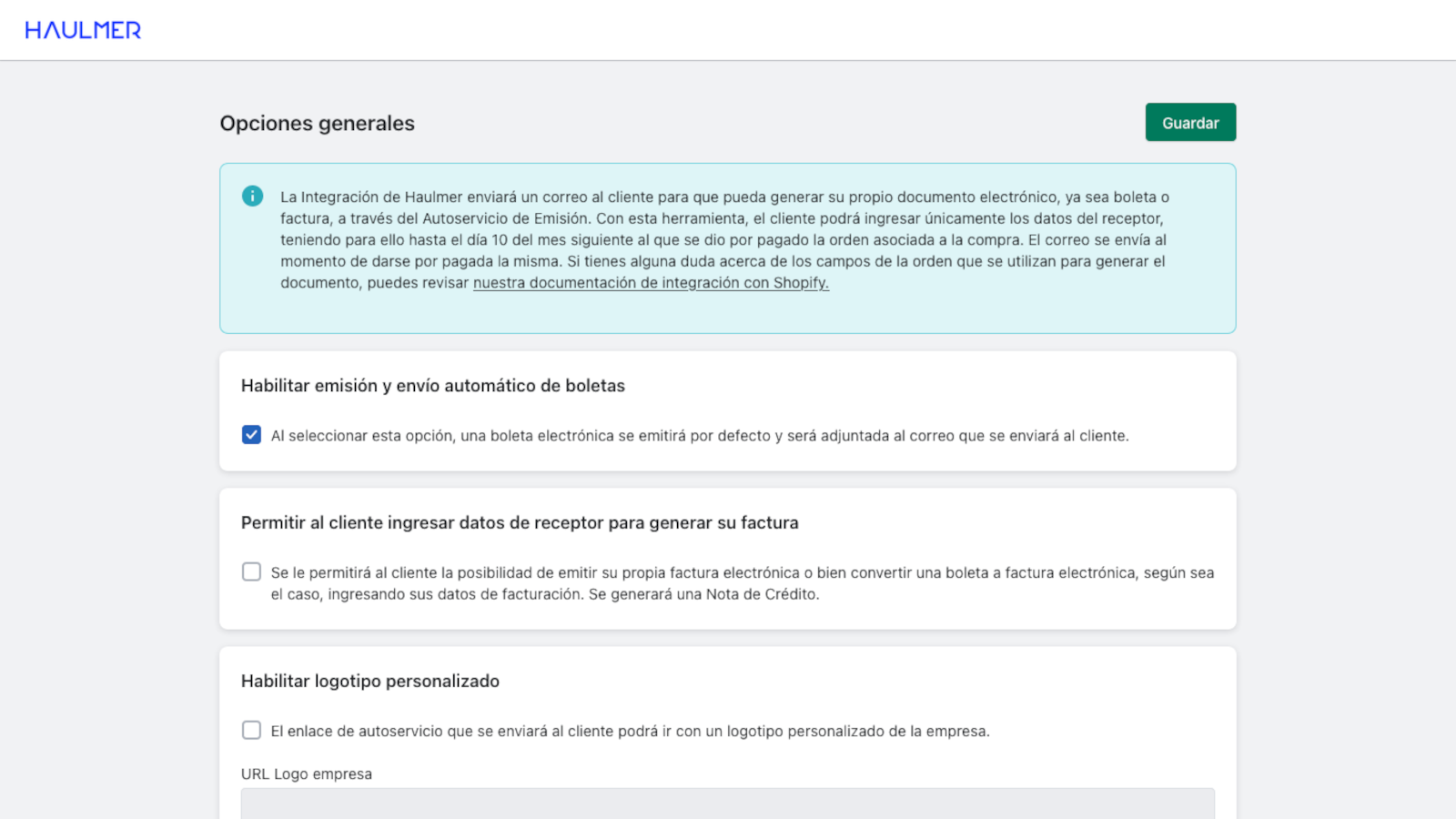 Página de opciones generales