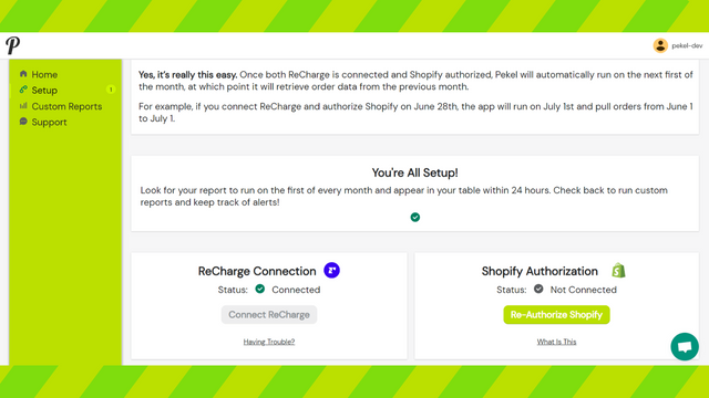 Einrichtungsseite mit ReCharge und Shopify Verbindungen