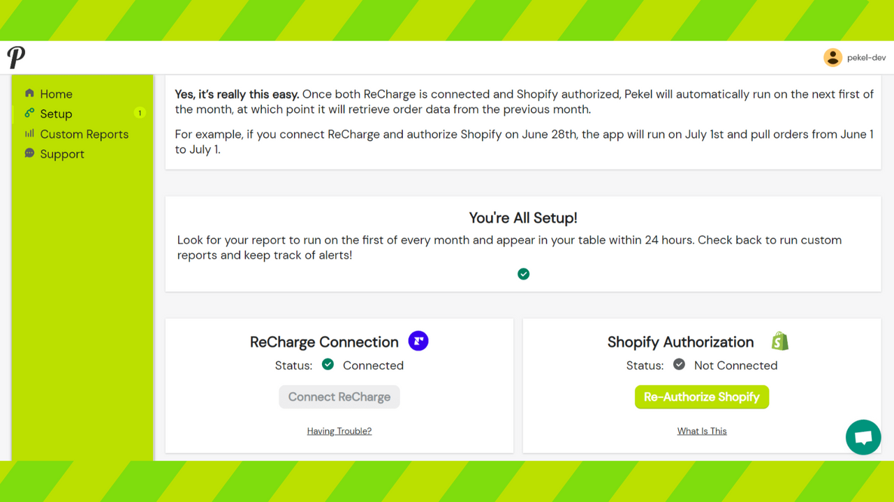 Opsætningsside med ReCharge og Shopify forbindelser