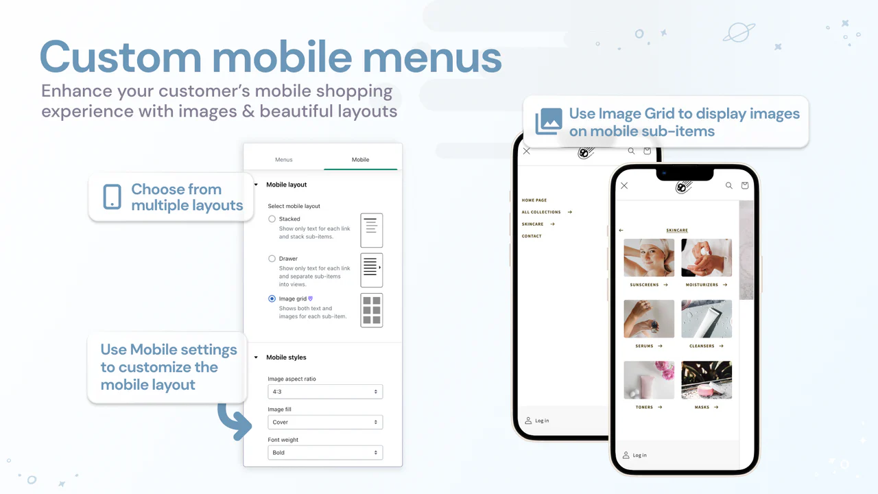 Tilpasbare mobile menuer med billeder og flere layouts