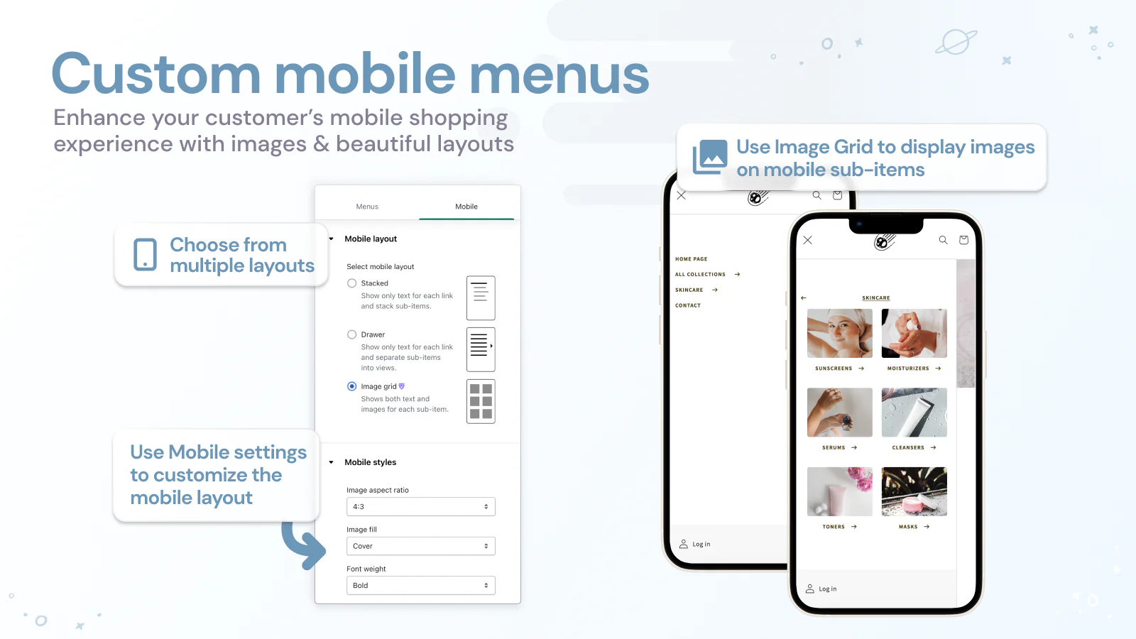 Tilpasbare mobile menuer med billeder og flere layouts