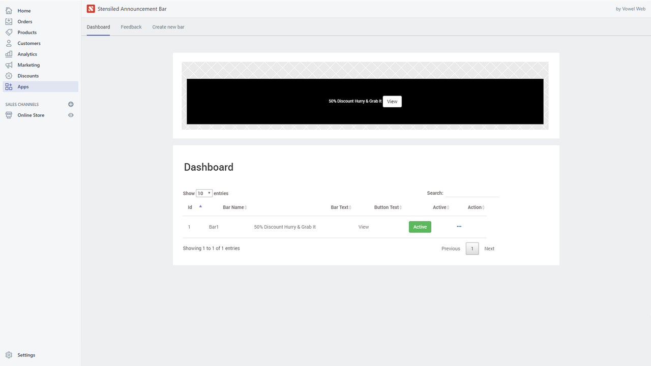 Announcement Bar App Dashboard 