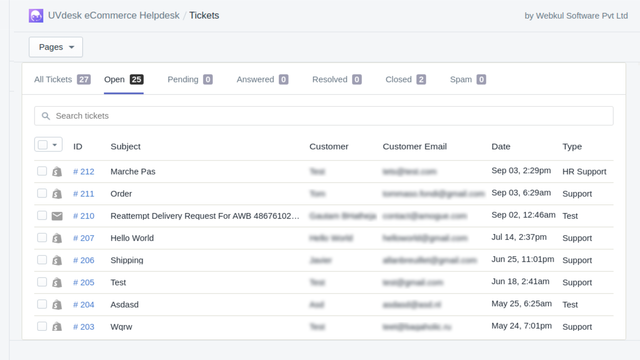 Vue des tickets d'administration de Shopify Helpdesk