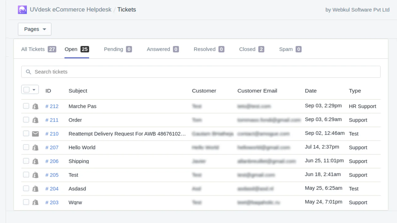 Vue des tickets d'administration de Shopify Helpdesk