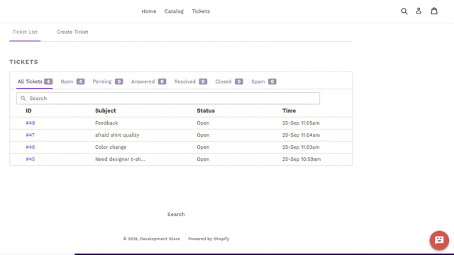 Visualização de Ticket do Cliente do Helpdesk Shopify