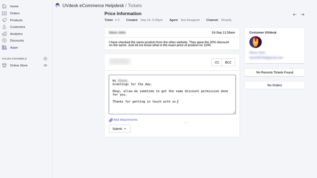 Vue interne des tickets d'administration de Shopify Helpdesk