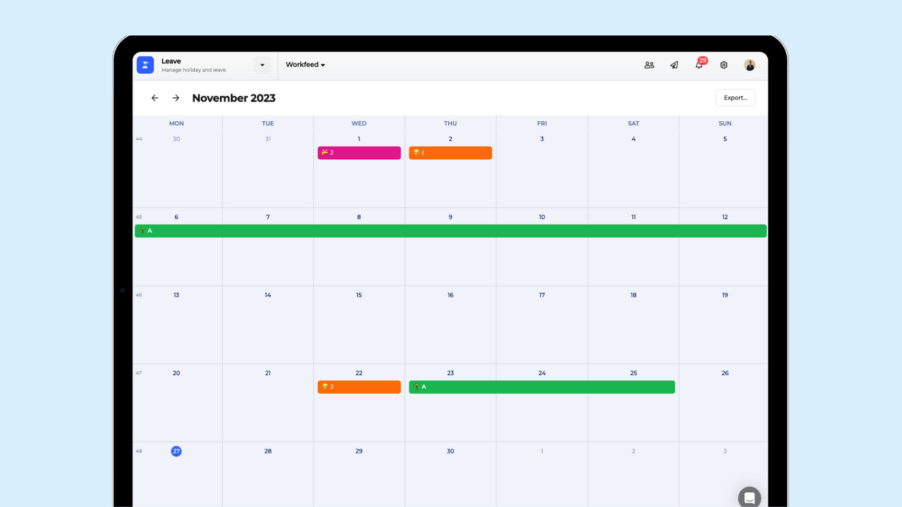 El calendario de ausencias en Workfeed.