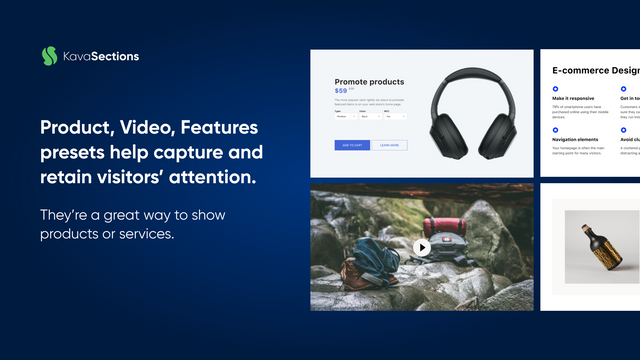 Sidebygger for Produkt, Video, Features presets, osv.