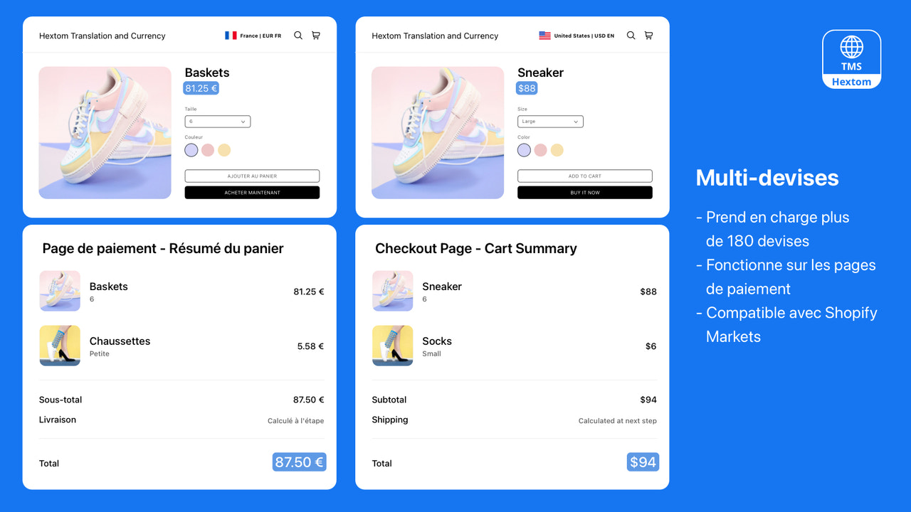 Hextom: Traduction & Devise, localisation pour les Shopify