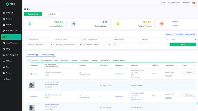 SIHI Dropshipping Fulfillment Screenshot