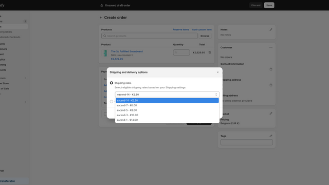 Eacend shipping options when creating an order