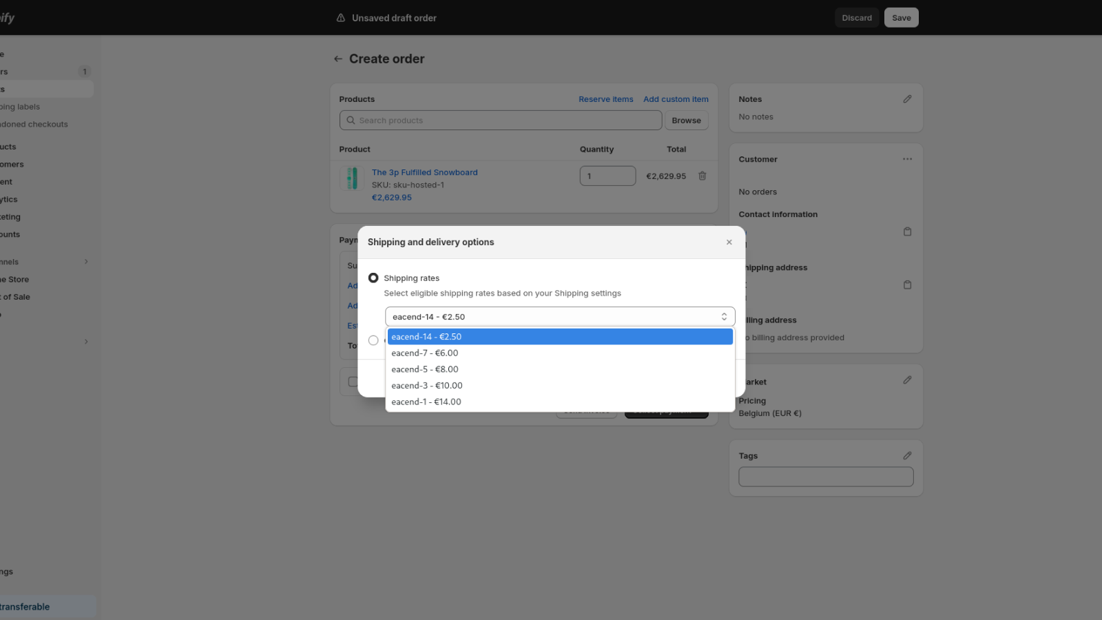 Eacend shipping options when creating an order