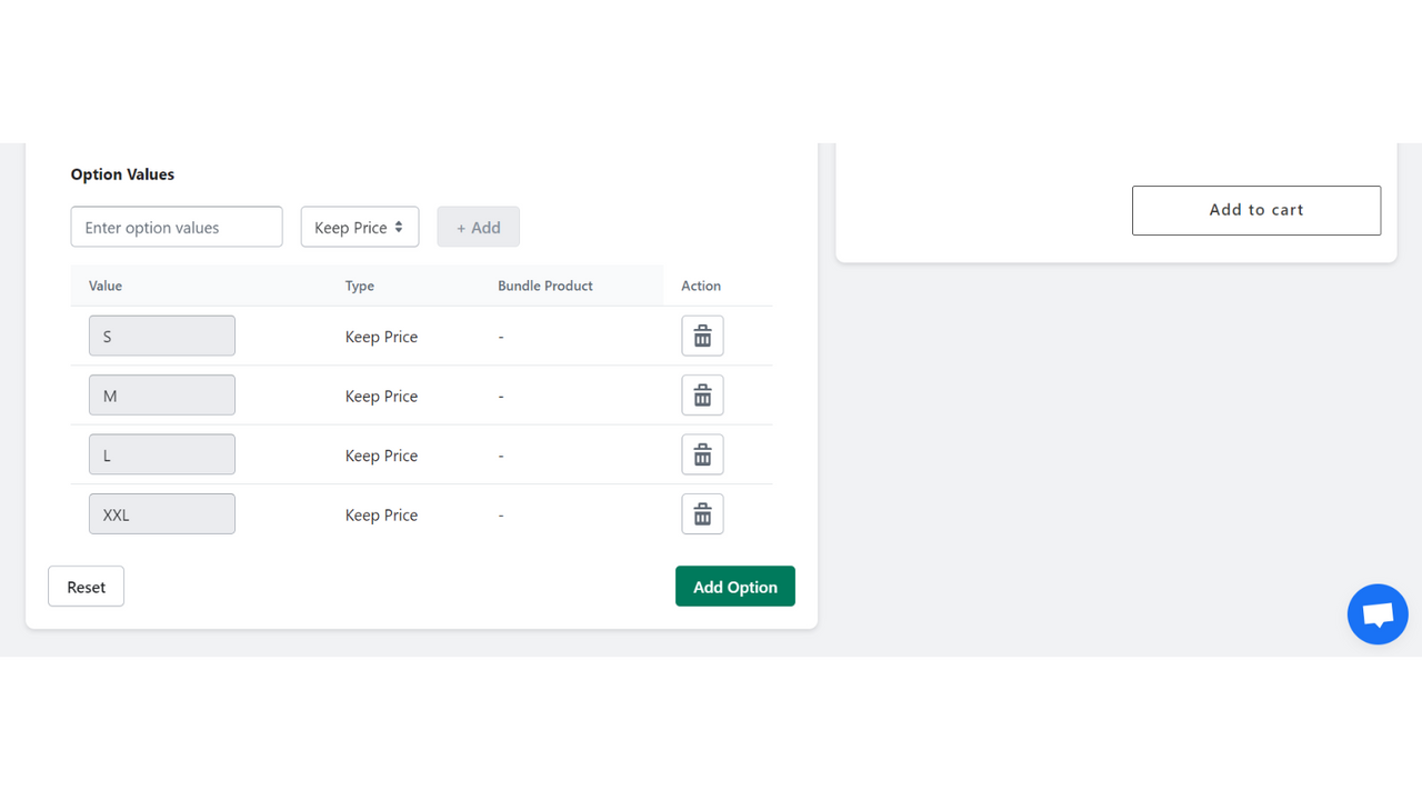 selector de tabla de tallas con casilla de verificación para productos