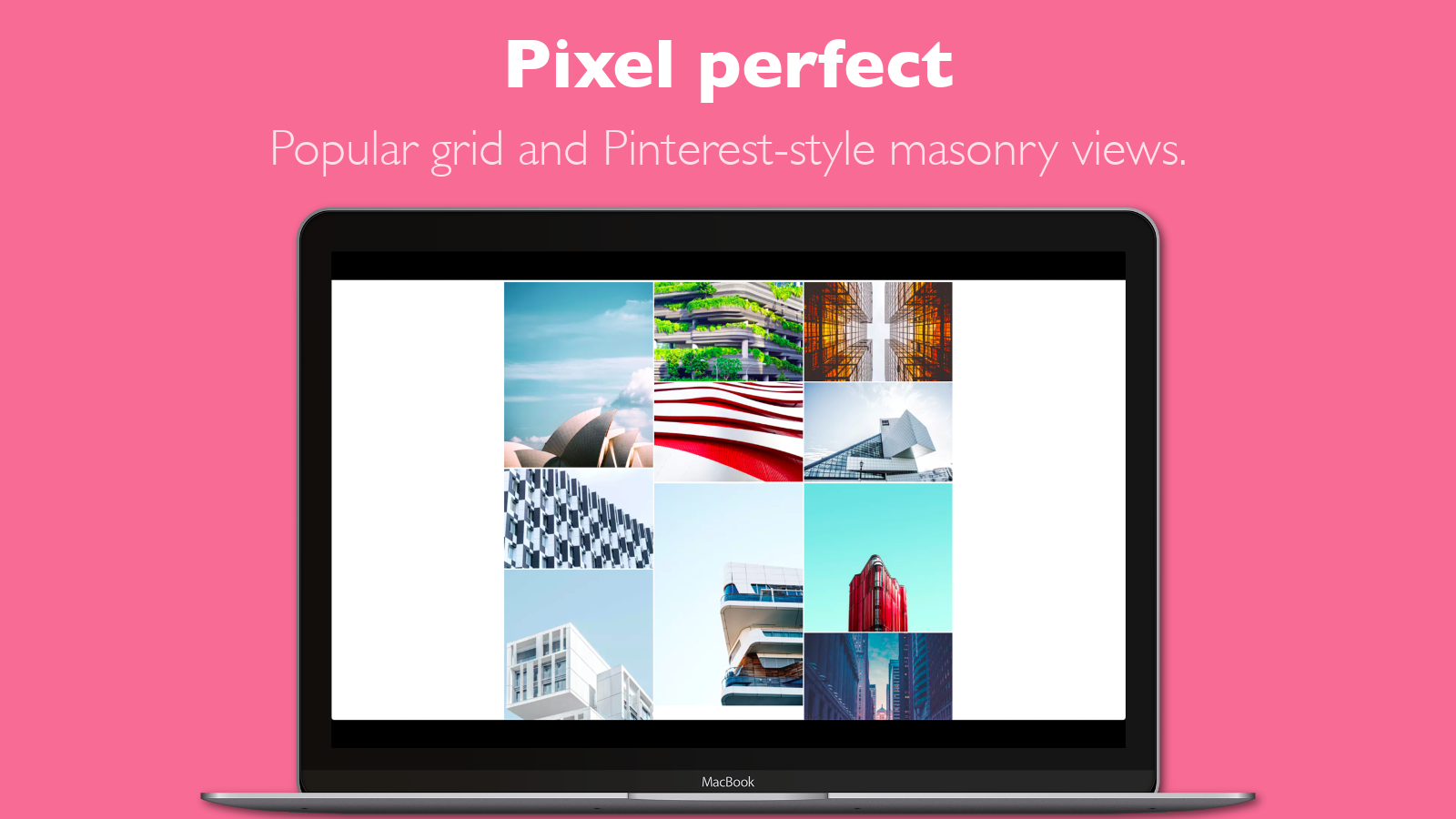 Popular grid and Pinterest-style masonry image gallery views.