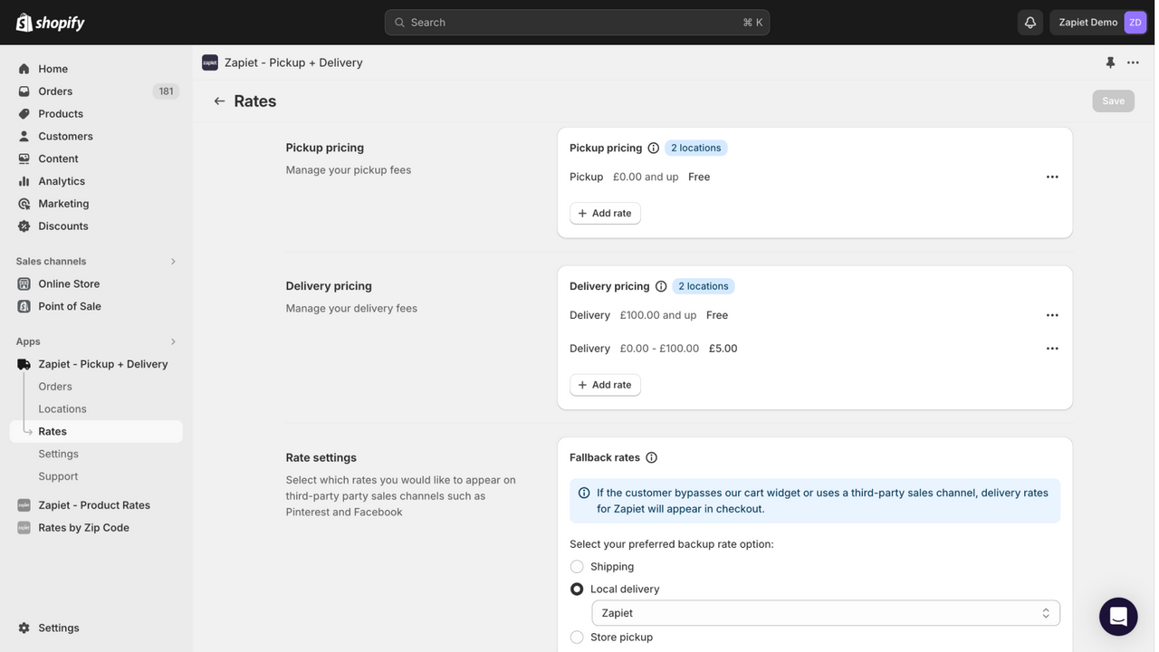 Control delivery rates, shipping rates and pickup rates