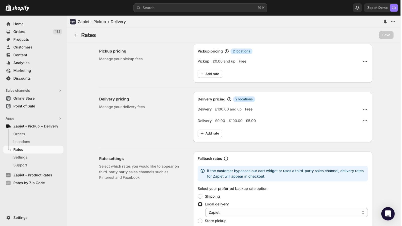 Control delivery rates, shipping rates and pickup rates