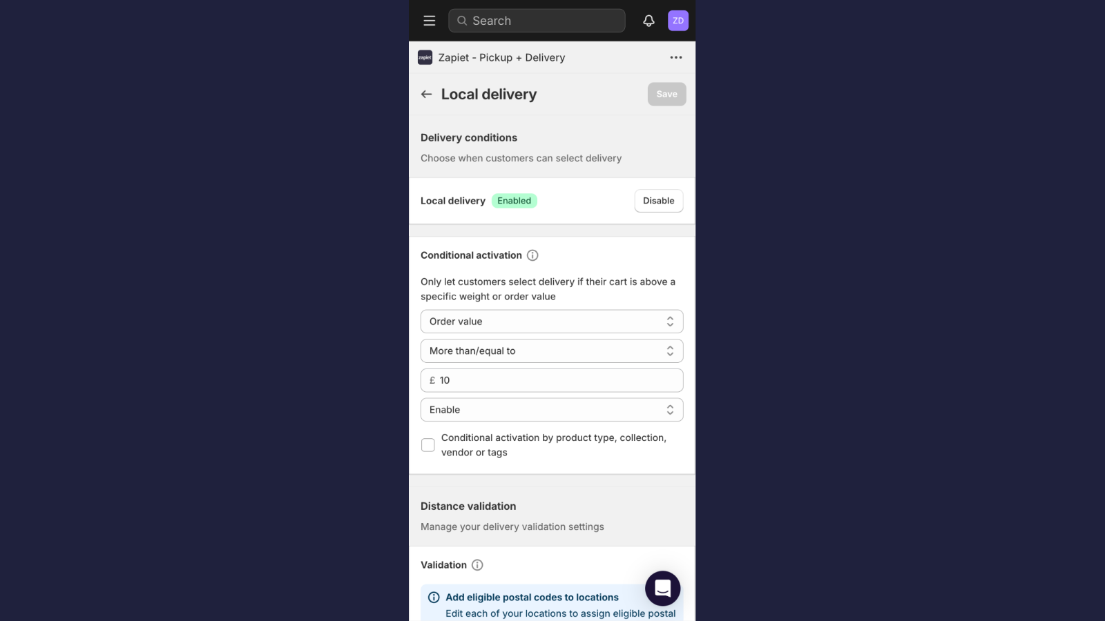 Allow local delivery when order total is above a set value