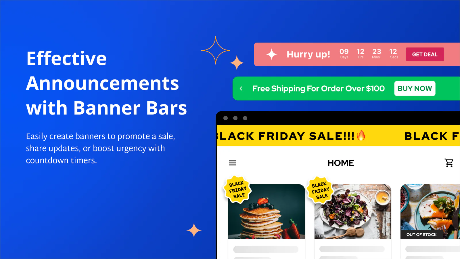 Banner Bars, countdown timers to promote sale, share updates