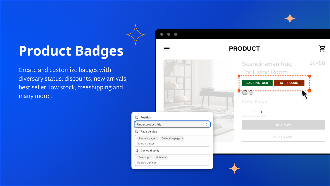 Create badges with many status: discounts, new arrivals and more