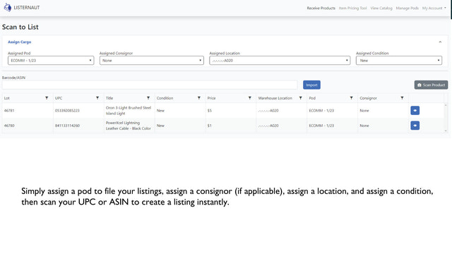 Lister par scan de UPC, ASIN, ou recherche IA