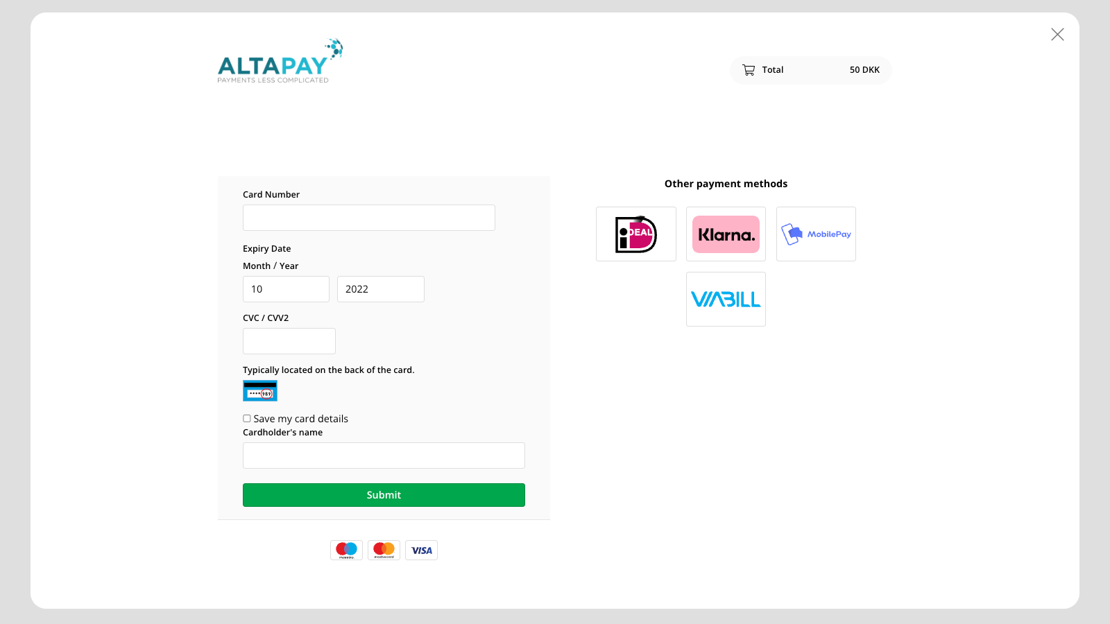 Captura de tela da página de pagamento AltaPay