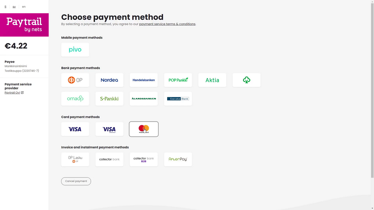 Sélection de la méthode de paiement