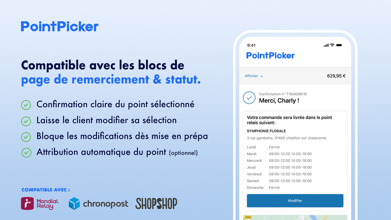 PointPicker ‑ Compatible page de remerciement et statut.