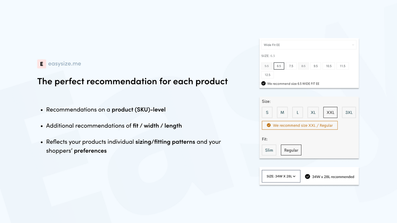 Rekommendation på en produktnivå, inklusive passform/bredd/längd