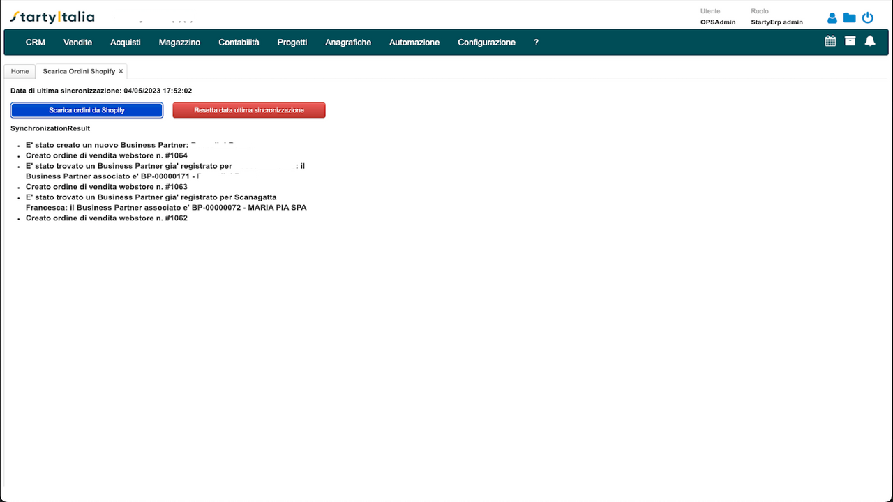 Sincronizzazione ordini e business partner