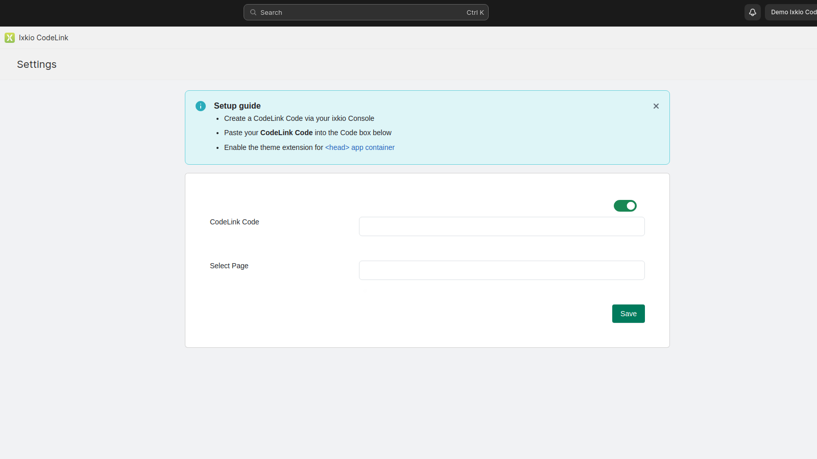 Configuração do CodeLink Passo 1