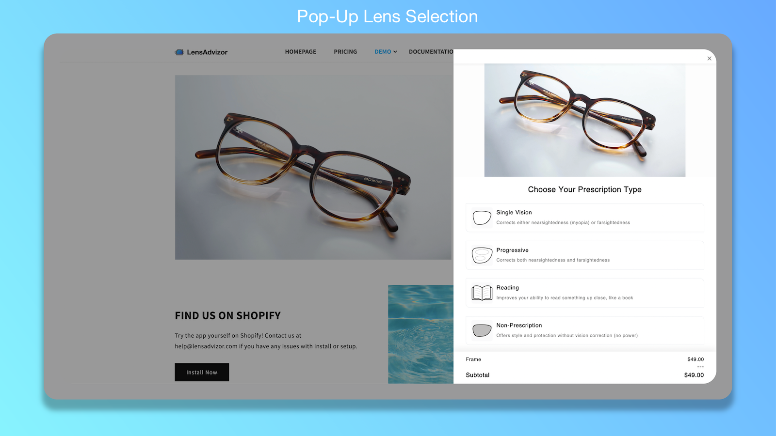 Pop-Up Lens Selection