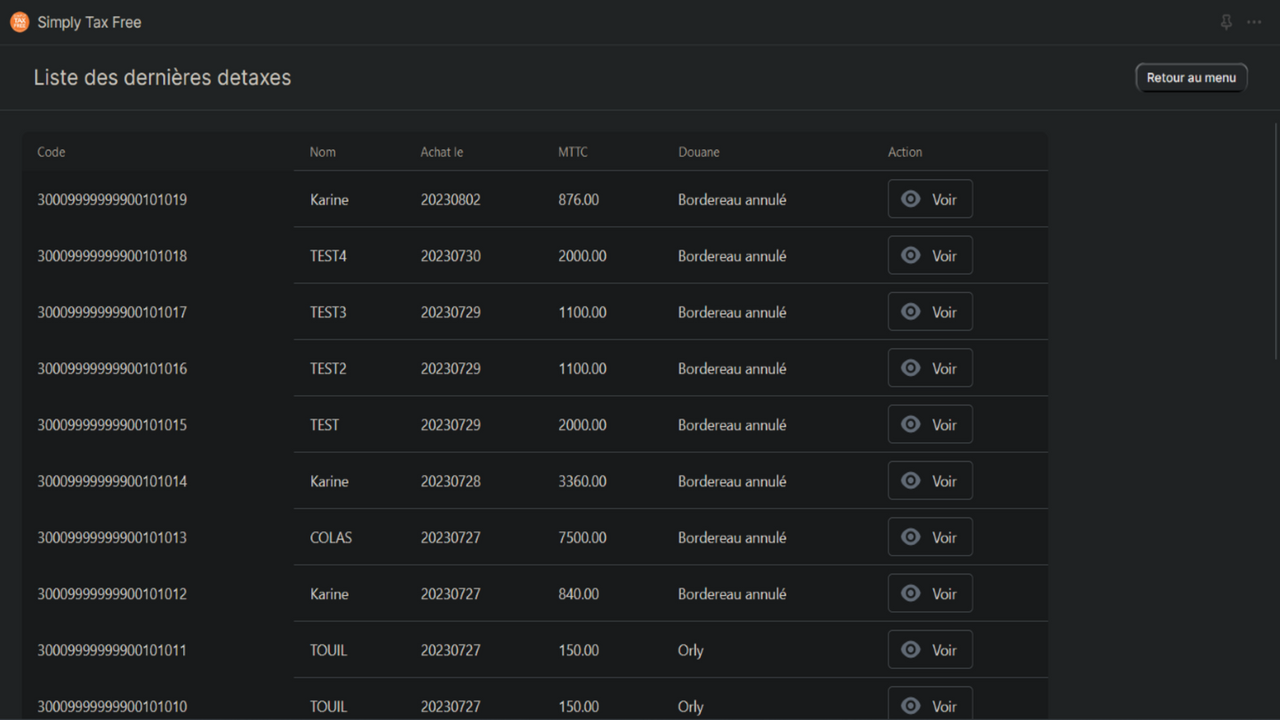 Liste des dernières détaxes