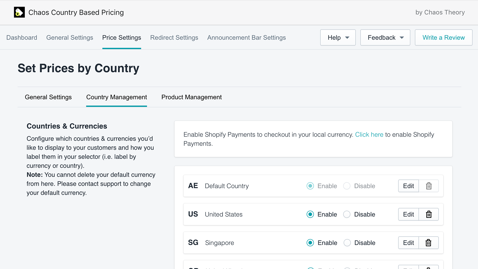 Chaos Country Based Pricing Screenshot