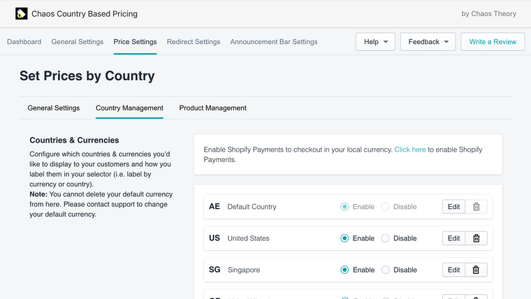 Chaos Country Based Pricing Screenshot