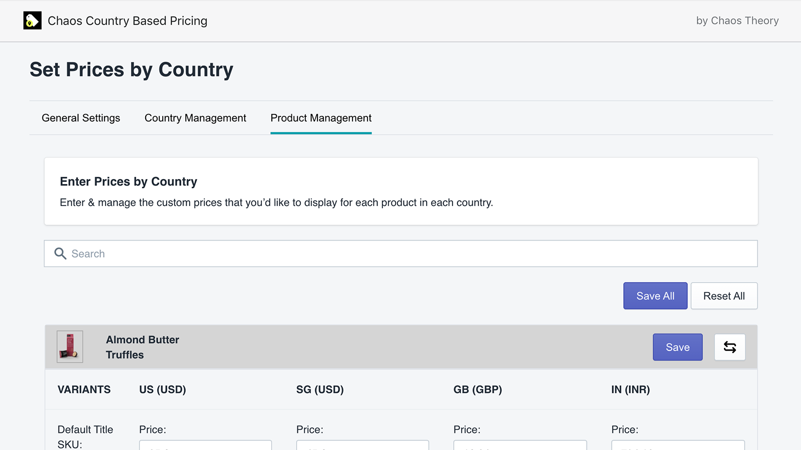 Chaos Country Based Pricing Screenshot