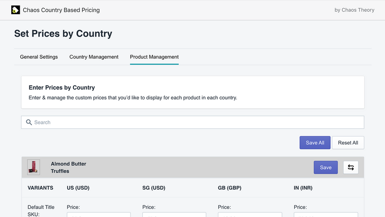 Chaos Country Based Pricing Screenshot