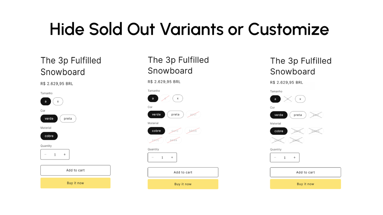 Personalize as variantes se preferir não ocultá-las