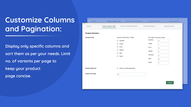 Personalizar columnas de tabla de variaciones