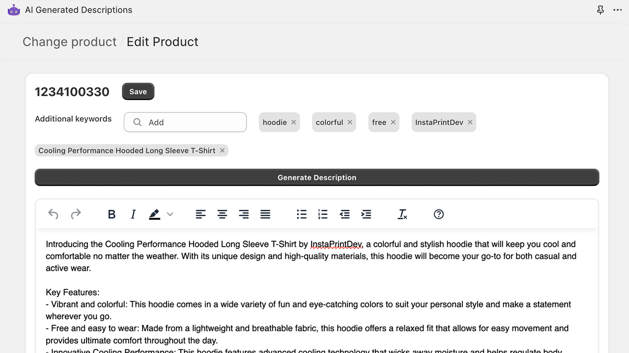 Produktgenereringsside med rig HTML-editor