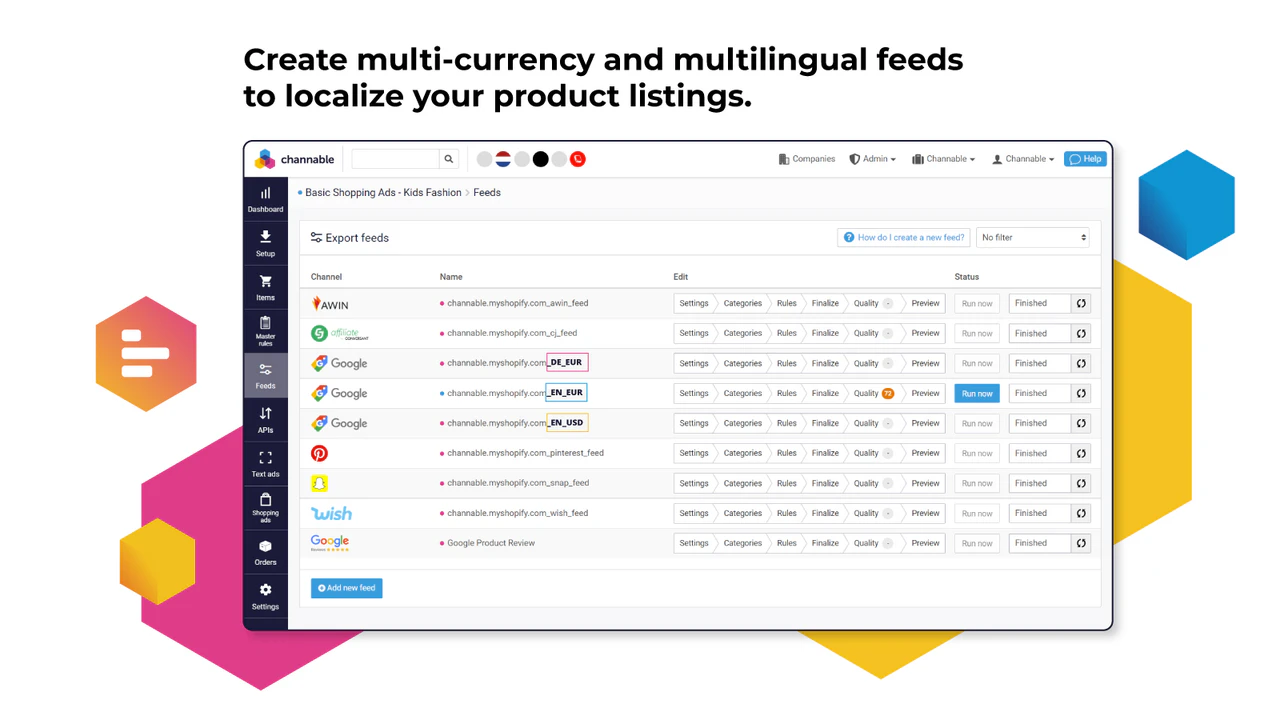 Create feed connections for different channels and locales